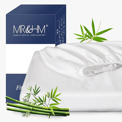 MR&HM Twin XL Fitted Sheet Only, Ultra-Soft Rayon Derived from Bamboo & Polyester Blend, Silky & Breathable, 15" Deep Pocket with Elastic Straps, Cooling Fitted Sheet for Hot Sleepers, White