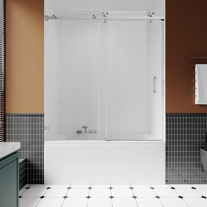 3/8" Sliding Glass Shower Door for Bathtub, 56-60" W x 66" H Frameless Bathroom by UNIKOOSHOWERDOOR