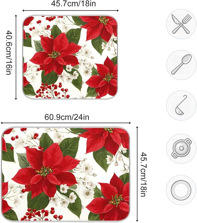 Red Poinsettias with Holly Dish Drying Mat - Image 3