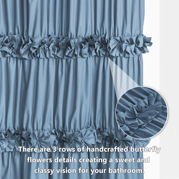 Dusty Blue Ruffle Shower Curtain, Vintage Handcrafted Bow Tie Bath Curtain - Image 2