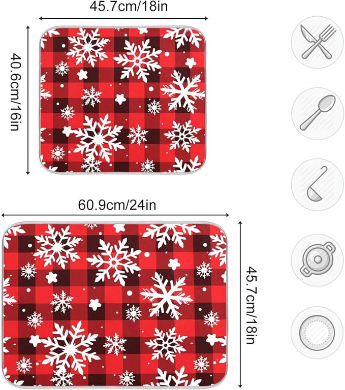 Snowflakes Christmas Checkered Plaid Dish Drying Mat - Image 3