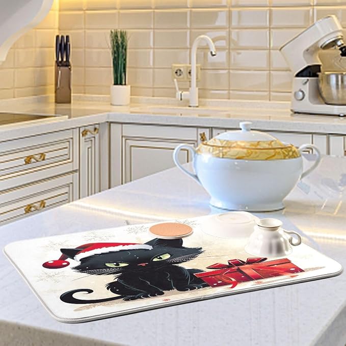Christmas Dish Drying Mat Kitchen Counter Absorbent Black Cat Coffee Sink Mat - Image 6