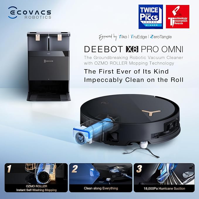 ECOVACS DEEBOT X8 PRO OMNI Robot Vacuum and Mop, OZMO ROLLER Instant - Image 9