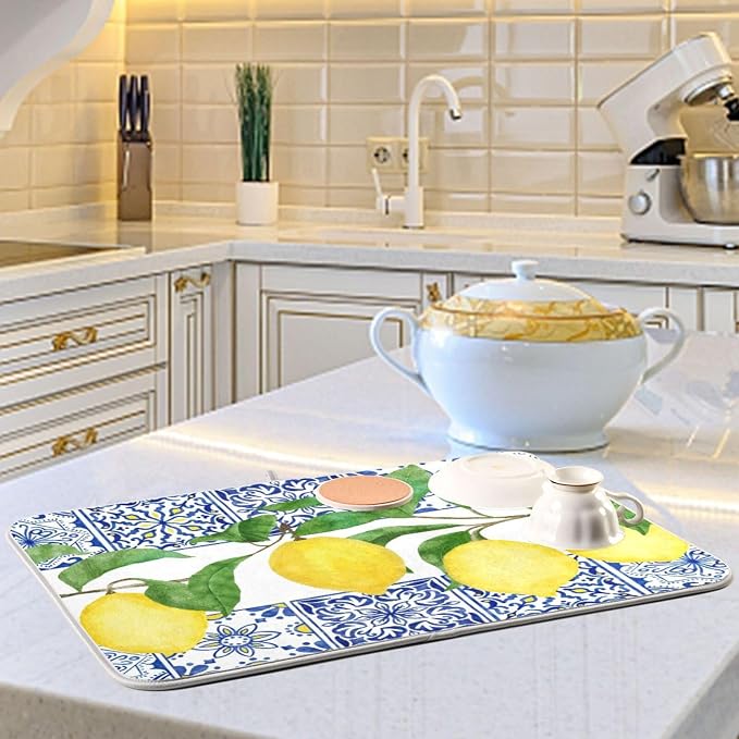 Lemon Blue Tiles Dish Drying Mat - Image 2