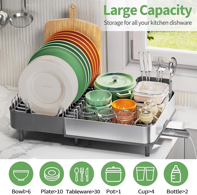 Dish Drying Rack for Kitchen Counter, 304 Stainless Steel Dish Rack, Expandable - Image 5