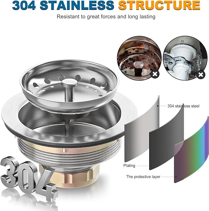 BOTEMY Stainless Steel Sink Drain Strainer Kit 3-1/2 inch Kitchen Drain Assembly - Image 2