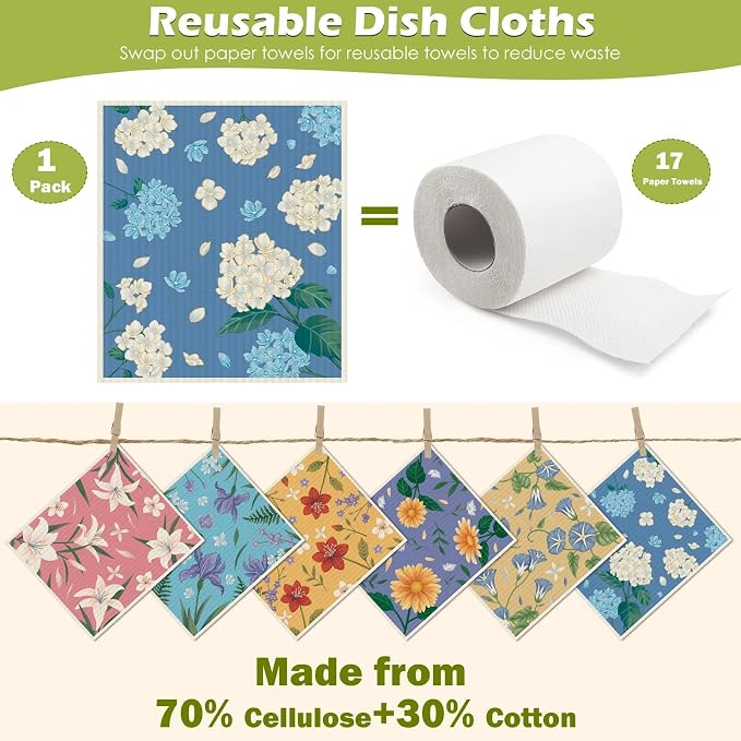 6 Packs Swedish Paper Cloths for Kitchen, Reusable Paper Towels Washable Dish - Image 3