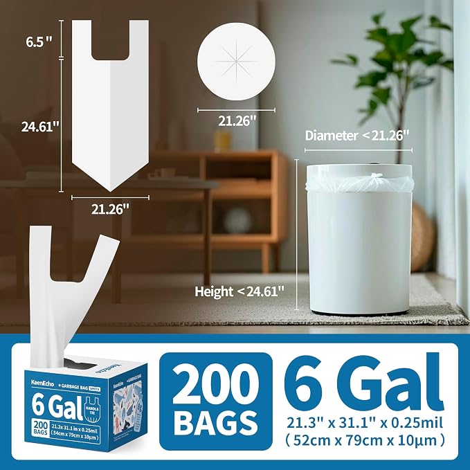 Small Trash Bags with Handles 6 Gallon 200 Count White - Image 6