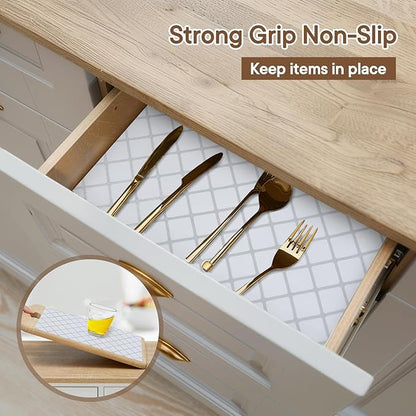Shelf and Drawer Liner for Kitchen Cabinets Non-Adhesive, Strong Grip Non-Slip Thickened Cabinet Liners for Shelves, Waterproof Mats for Dresser Cupboard, Silver Stripe, 12 in x 20 Feet