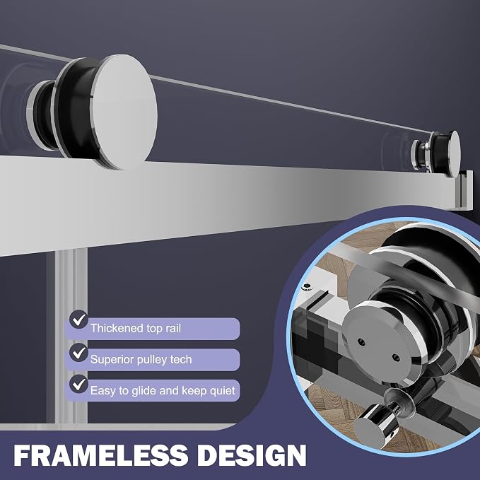 Frameless Sliding Shower Door 56–60" W x 76" H, 5/16" Tempered Glass - Image 5