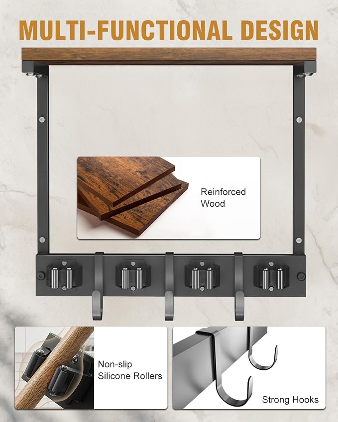 Broom Holder Wall Mount with Top Wooden Shelf, Heavy Duty Metal Cleaning - Image 5