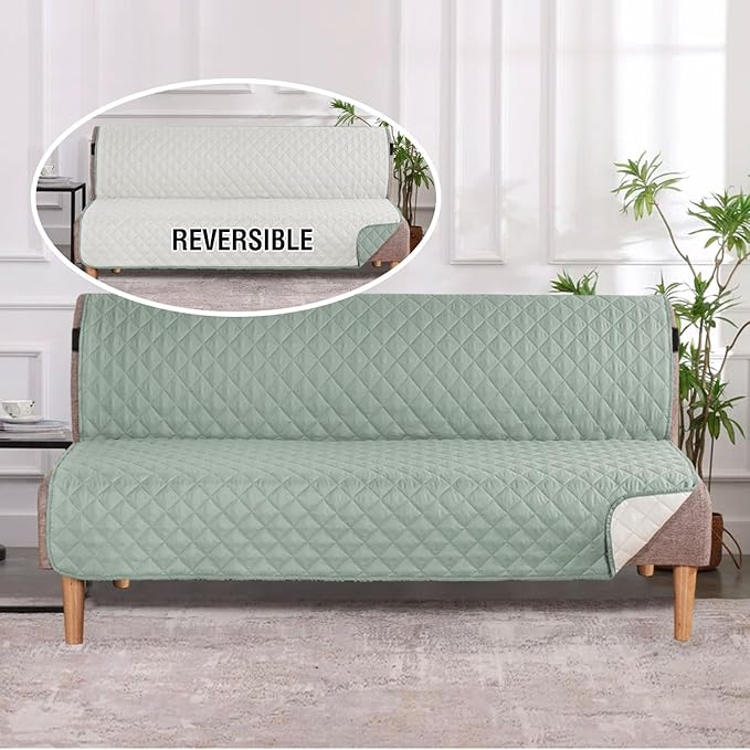 H.VERSAILTEX Reversible Futon Cover Water Repellent Armless Sofa Slipcover Washable Furniture Protector with Adjustable Elastic Strap Anti-Slip Futon Bed Cover for Dogs 70" Width(Desert Sage/Beige)