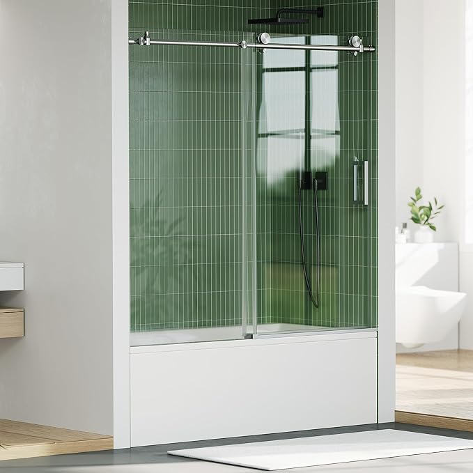 Bathtub Shower Door, Brushed Stainless Steel Top Rail, One Fixed One Sliding - Image 9