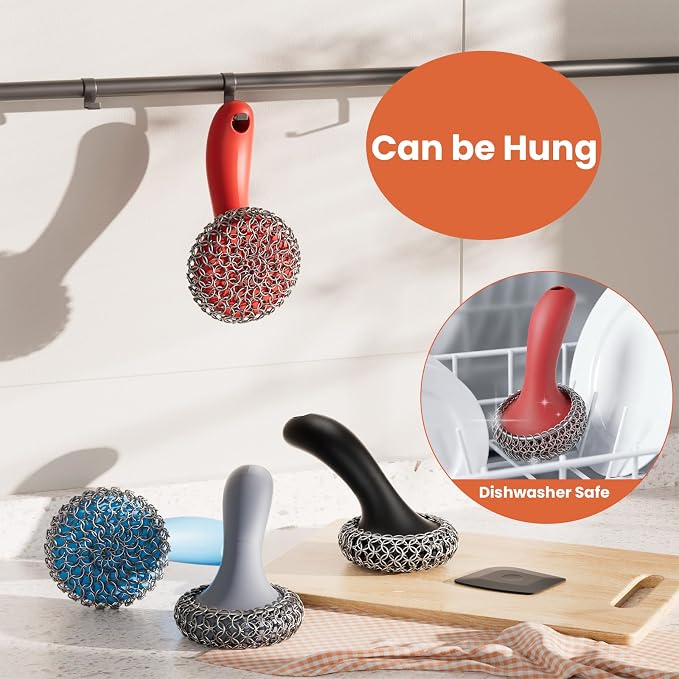 Cast Iron Scrubber with Long Handle | 316 Cast Iron Cleaner Chainmail Scrubber - Image 7