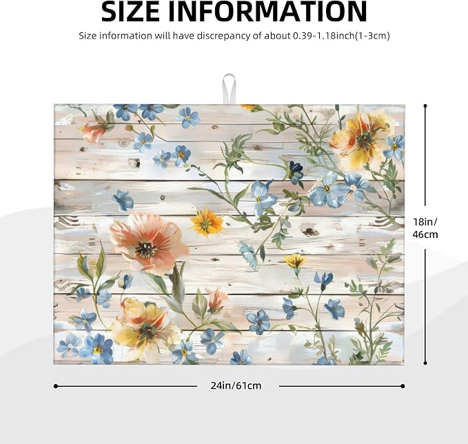Flowers on Wooden Board Dish Drying Mat 18x24 Inch, Microfiber Absorbent Fast - Image 2