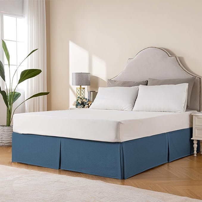 MIYE Pleated Waffle Weave Bed Skirt, Tailored Dust Ruffle 22 Inch Drop Easy Fit, Machine Washable (Blue, TwinXL - 22" Drop)
