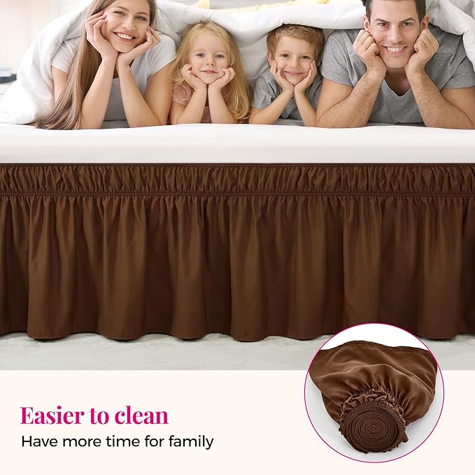 RIMELA Bed Skirt King Size 18 Inch Drop, Elastic Bed Skirting for Bed Base and Frame, Bedding Dust Ruffle Easy to Install,Wrap Around Adjustable Bedskirt, Chocolate Brown