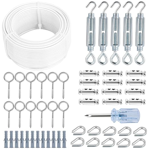 Turnbuckles for Cables Wire, 1/8" X 100Ft White PVC Coated Wire Rope Kit by hannger
