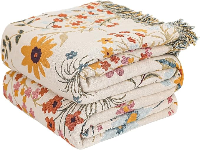 MSGKV Boho Throw Blanket for Couch Chair 100% Cotton Floral Blanket 50"x60" Sofa Blankets Lightweight Farmhouse Muslin Breathable Bed Blankets Home Decor All Seasons