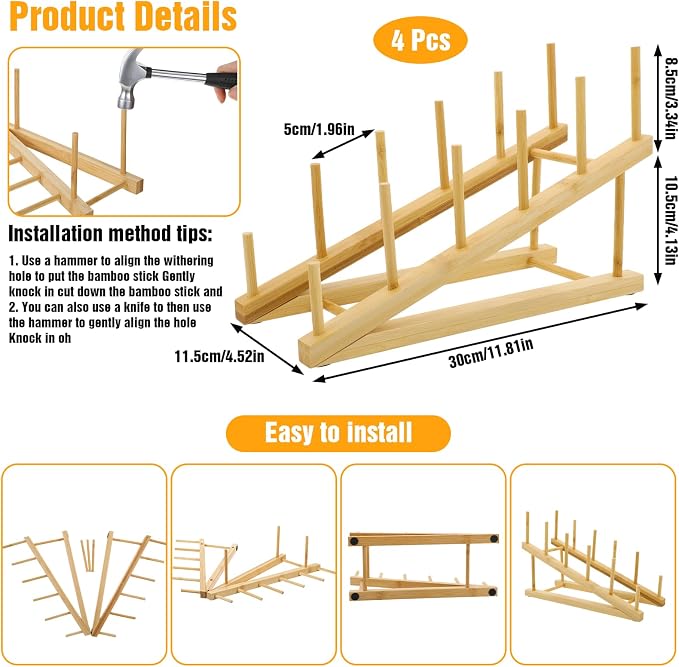 4 Pcs Wooden Dish Drying Rack, Bamboo Plate Dish Rack Stand - Image 2