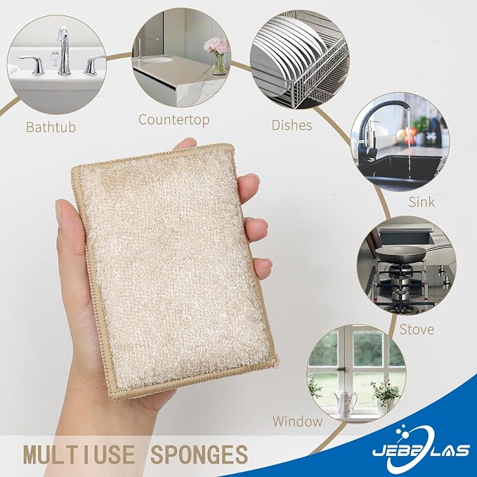 JEBBLAS Bamboo Natural Absorbent Sponges Kitchen Cleaning Sponges Reusable Dish - Image 2