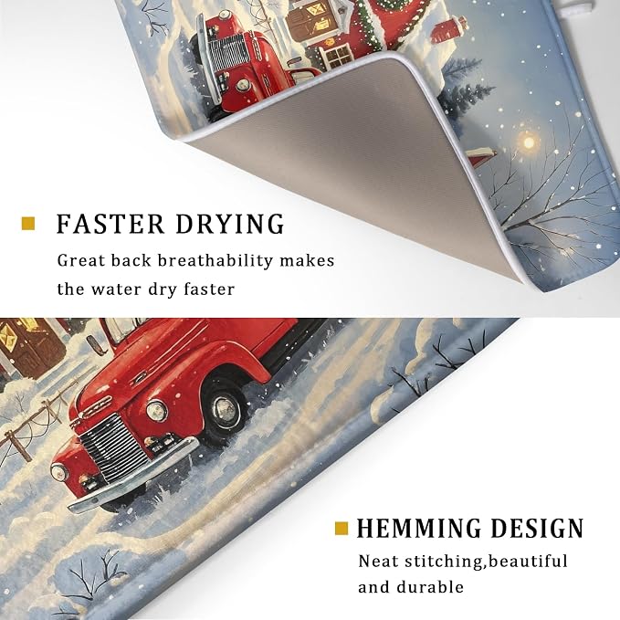 Christmas Dish Drying Mat for Kitchen Counter 18x24 Red Truck Winter Xmas Snow - Image 3