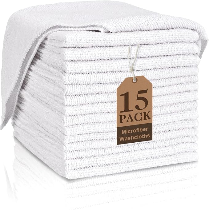 White Washcloths 15 Pack, Highly Absorbent & Quick Drying Face Towels, 12x12 by TEAWOO