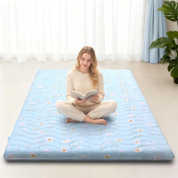 Japanese Floor Mattress, 3.5" Thicken Floral Pattern Portable Futon Mattress, 100% High-Density Foam Tatami Mat Sleeping Pad for Camping Guest Room Dormitory RV, Light Blue, Twin