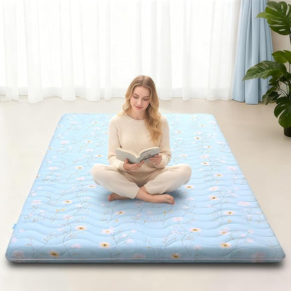 Japanese Floor Mattress, 3.5" Thicken Floral Pattern Portable Futon Mattress, 100% High-Density Foam Tatami Mat Sleeping Pad for Camping Guest Room Dormitory RV, Light Blue, Twin