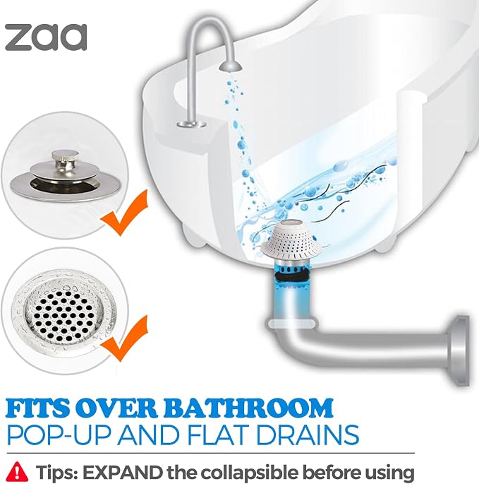 zaa Bathtub Drain Hair Catcher, Silicone Collapsible 2 Pack Drain Protector - Image 3