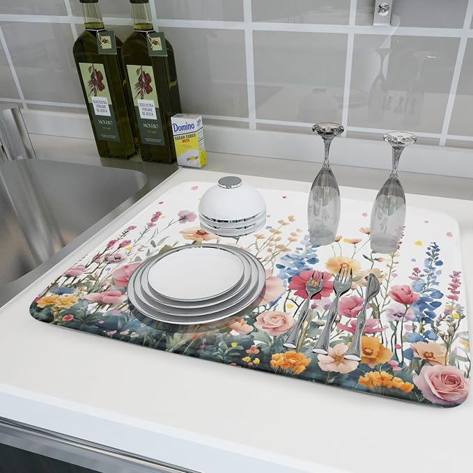 Colorful Flower Dish Drying Mat 18x24 Inch Botanical Floral Drainer Rack Mats - Image 6
