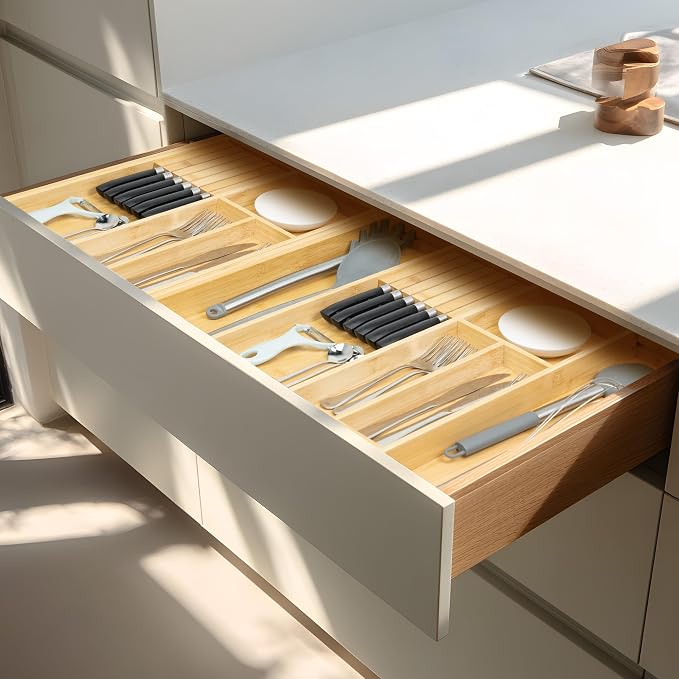 VaeFae Bamboo Kitchen Drawer Organizer, Wooden Utensil Tray - Image 6