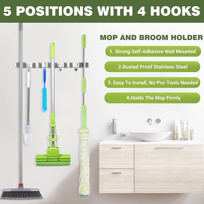 Broom Holder Wall Mount, Broom Organizer Wall Mount Stainless Steel Broom and - Image 2