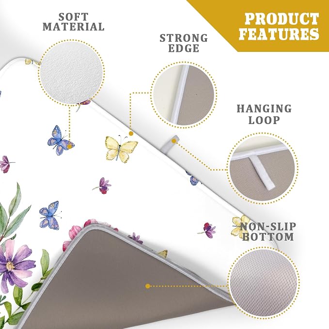 Wildflower Dish Drying Mat for Kitchen 24x18 Inch Colorful Floral Butterfly - Image 3