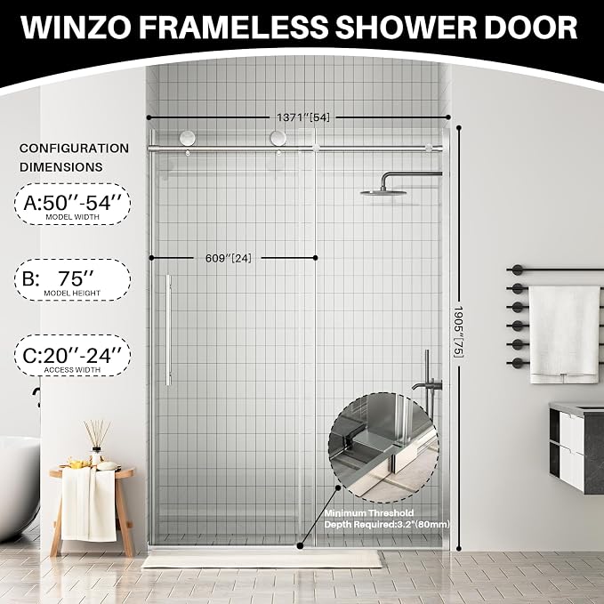 WinZo Frameless Shower Door 50-54 in W x 75 in H, Sliding Shower Door - Image 8
