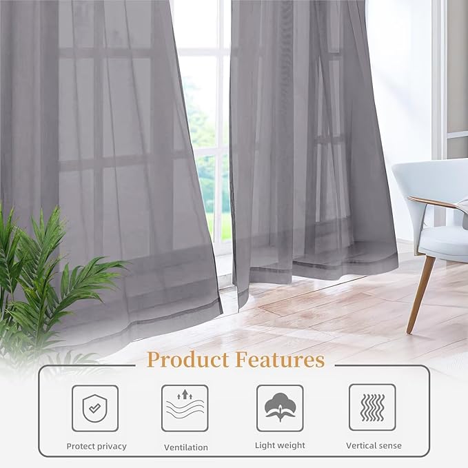 Sheer Curtains 54 Inches Long 2 Panels, Rod Pocket Short Curtain for Kitchen, Bedroom, Cafe Window(Grey 38" W x 54" L)