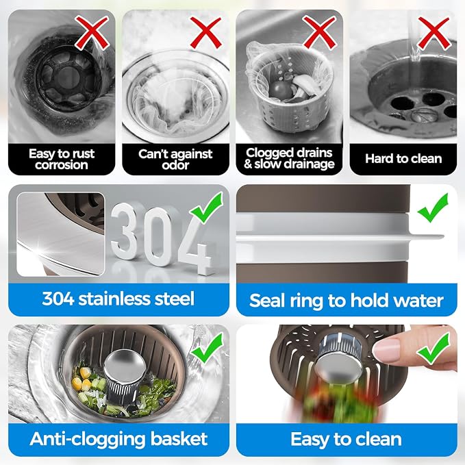 Upgraded 3in1 Kitchen Sink Drain Strainer & Sink Stopper, Stainless Steel - Image 7