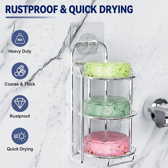 Silver 3-Tier Shower Soap Shampoo Bar Holder, Self Adhesive & Freestanding - Image 3