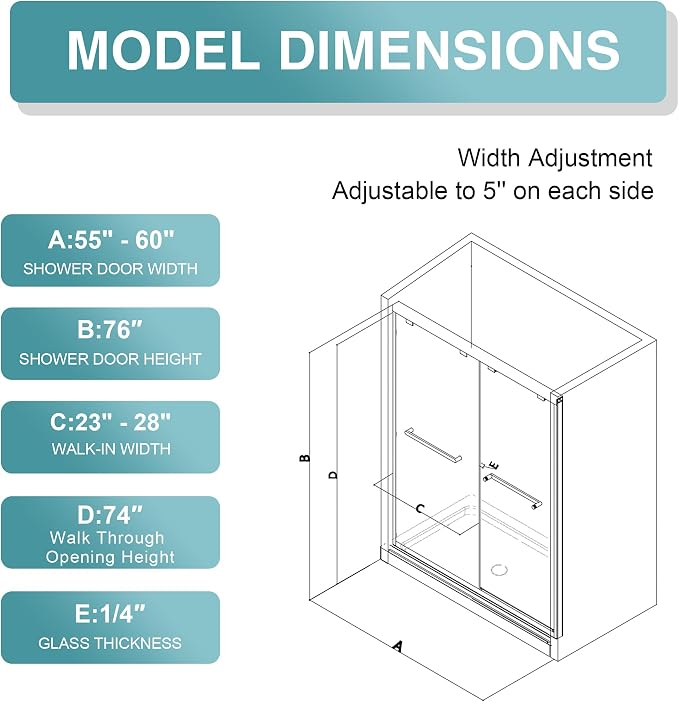 KPUY Glass Shower Door, 55-60" W x 76" H Semi-Frameless Double Sliding Shower - Image 7