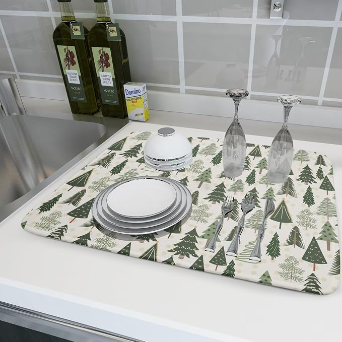 Christmas Dish Drying Mat for Kitchen Counter 18x24 Green Xmas Tree Block Print - Image 6