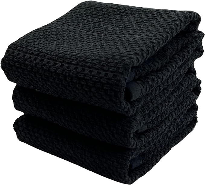 Serafina Home Black Textured Kitchen Hand Dish Towels 100% Cotton Cloth Soft by SerafinaHome