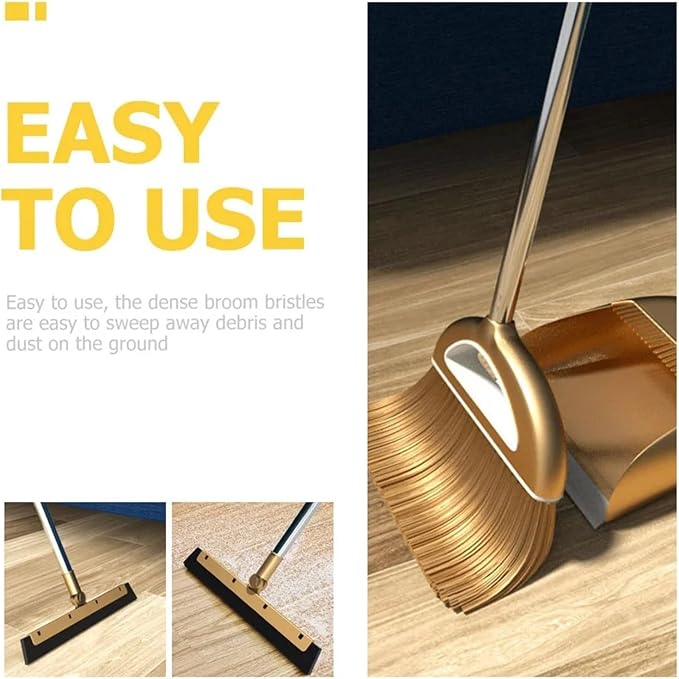 Gold Broom Dustpan Set Folding Dustpan Long Handle Rubber Wiper Space-Saving - Image 3