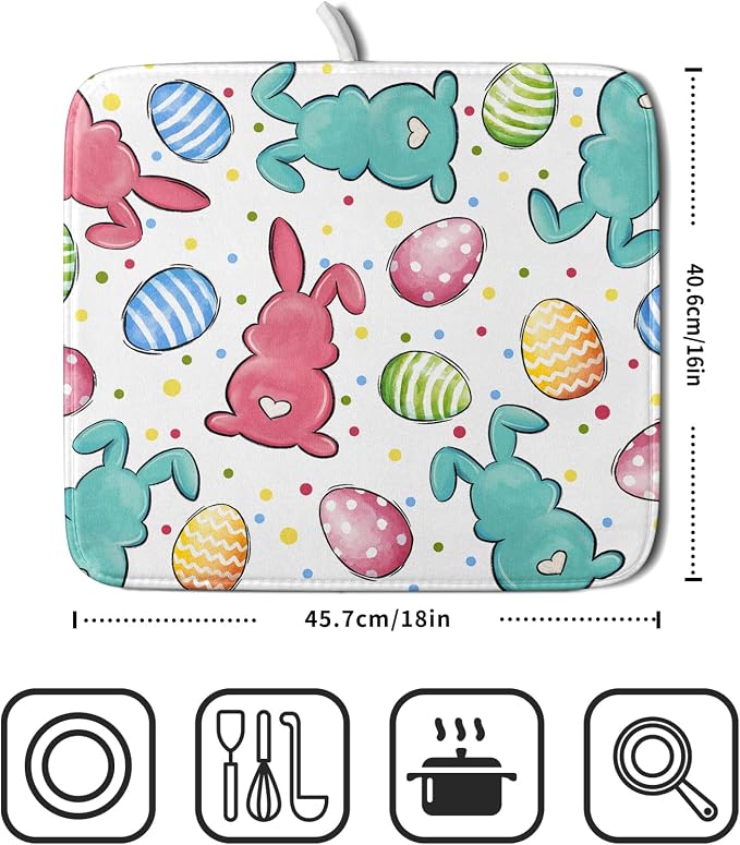 Easter Dish Drying Mat for Kitchen Counter Colorful Bunny Holiday Microfiber - Image 2