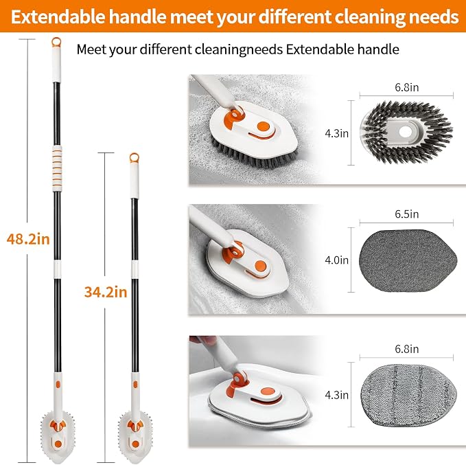 Bathroom Scrub Brush with Long Handle, 3-in-1 Tub and Tile Cleaner with 5 - Image 4