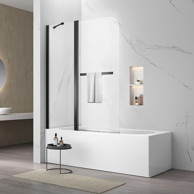 Sunrosa Pivot Matte Black Bathtub Door, Frameless Tempered Glass Bifold Shower by ElevateYourEverydayShower