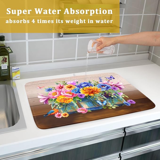 Spring Flowers Dish Drying Mat for Kitchen Counter 18x24in Vintage Plants - Image 7