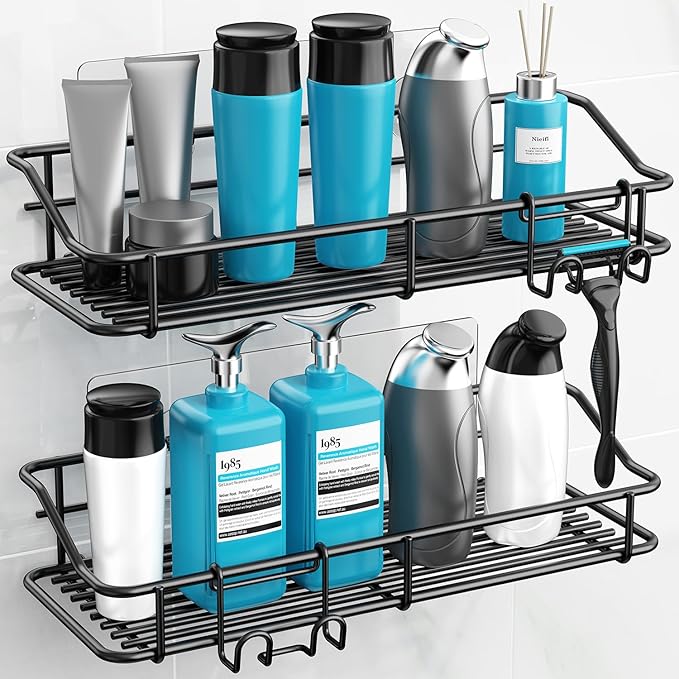 Nieifi Shower Caddy Shelf with Hooks Storage Rack Organizer Adhesive Stainless - Image 4