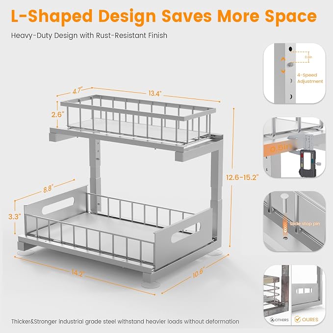 Under Sink Organizer Storage 2-Tier Heavy Duty Metal Pull Out Cabinet Organizer - Image 5
