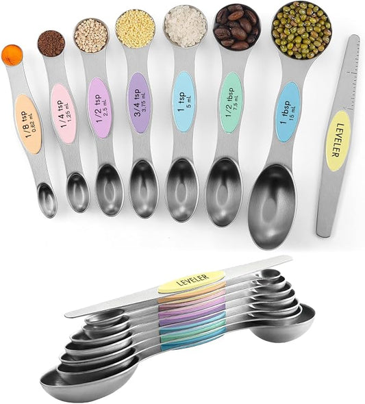 ChefAide Pack of 8 Stainless Steel Magnetic Measuring Spoons Set, Dual Sided by ChefAide