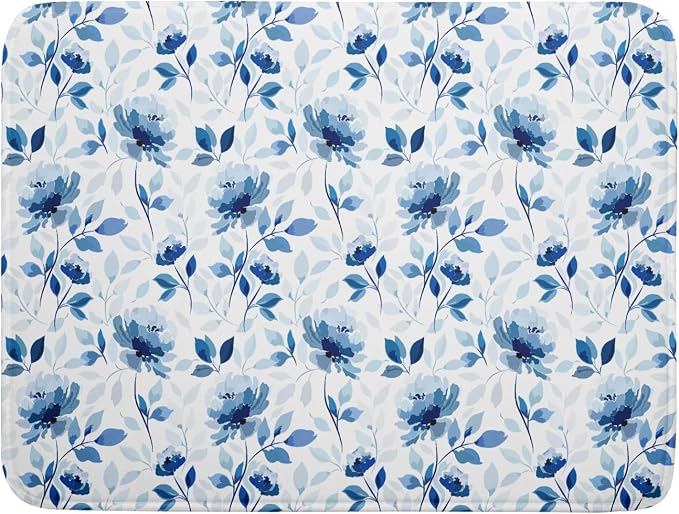 Blue Floral Dish Drying Mat 18x24 inch Flower Leaves Dish Rack Pad Microfiber by Giwawa